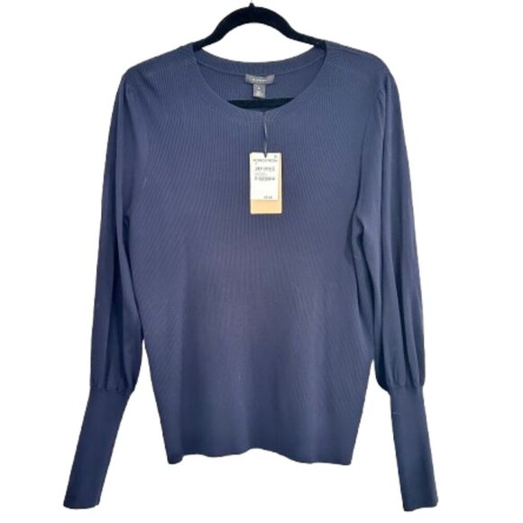 New NWT Nordstrom Halogen Ribbed Sweater Top Navy Size Medium w Sleeve Detail - Picture 1 of 10